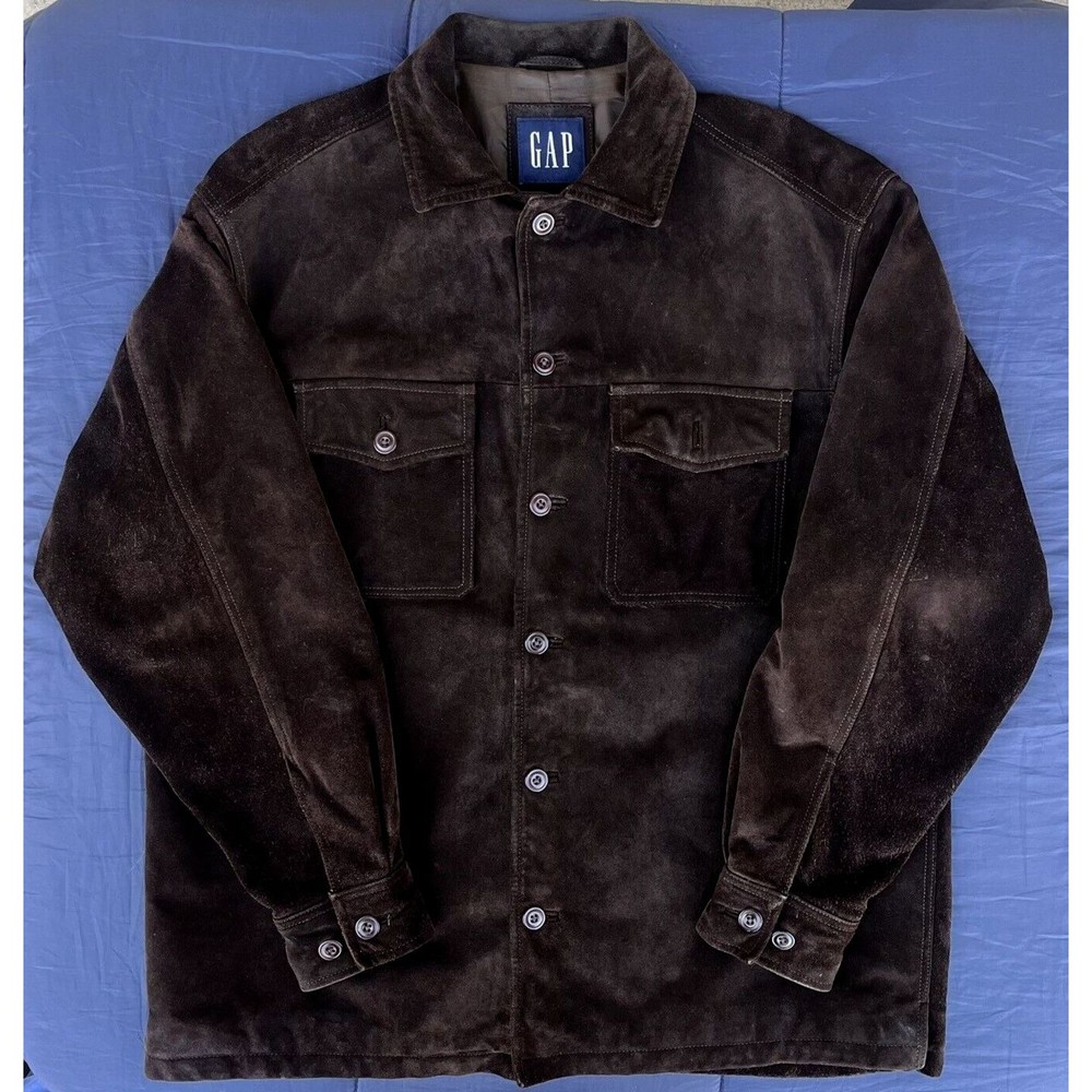 Vintage Gap Suede Leather Jacket Men Medium Heavy Bomber Y2K Western Rodeo Brown